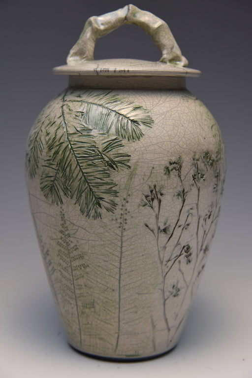 Forest Crackle Raku Ceramic Cremation Urn - with top handel