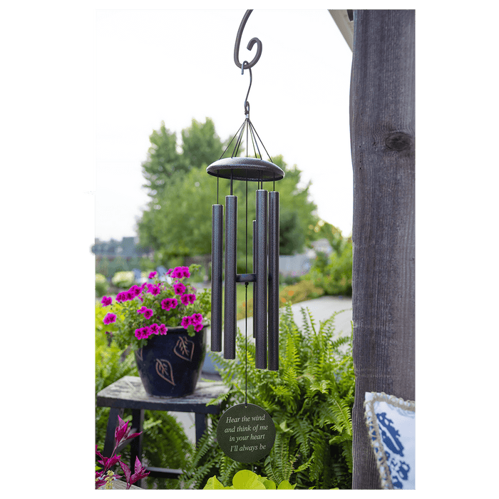 Black Personalized Memorial Wind Chime in outdoor setting backside of the engraved disk