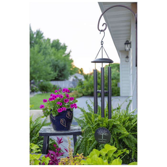 Black Personalized Memorial Wind Chime in outdoor setting front side of the engraved disk