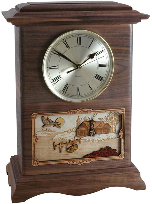 Clock Cremation Urn - Walnut with Rustic Scene