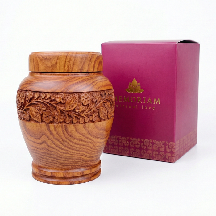 Anish - Hand-Carved Wood Urn with package