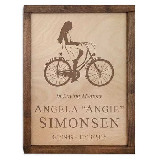 Female Cyclist Wood Cremation Urn Plaque