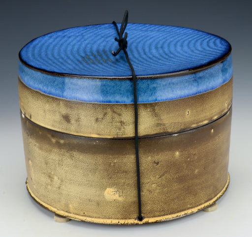 Black Clay Cylindrical Ceramic Urn with Cobalt Blue Lid - Angle 2