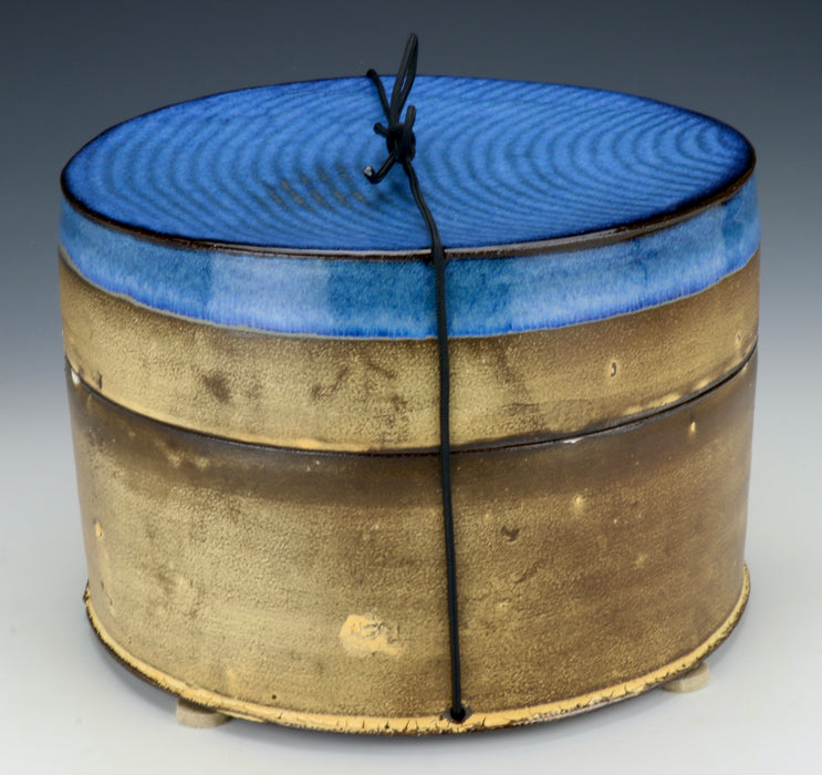 Black Clay Cylindrical Ceramic Urn with Cobalt Blue Lid - Angle 2