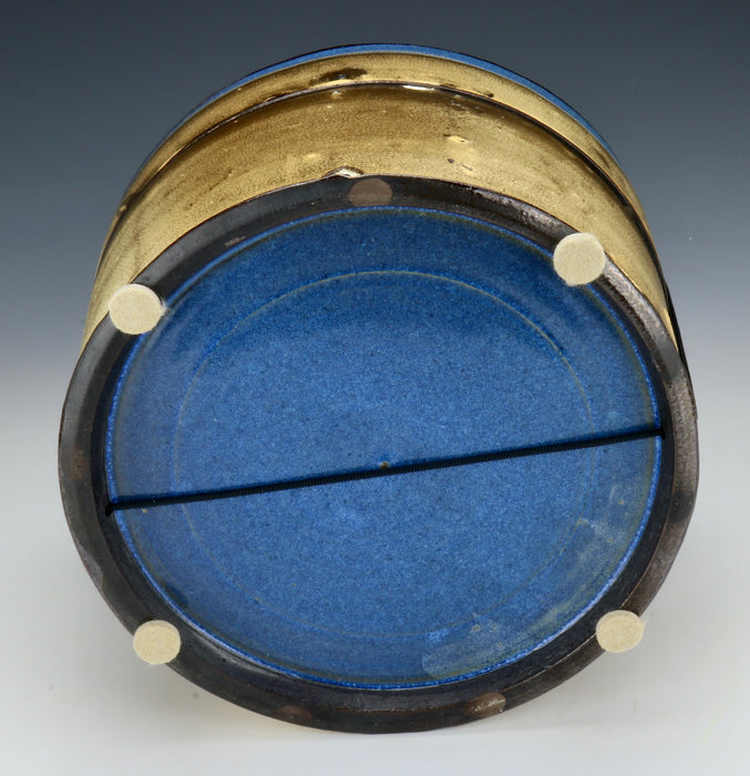 Black Clay Cylindrical Ceramic Urn with Cobalt Blue Lid - Bottom Angle