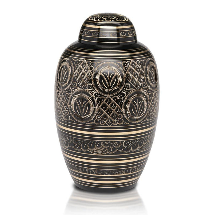 Prestige Brass Cremation Urn with Black & Gold Hand Carved Art Design