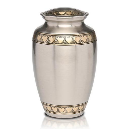 Hearts Brass Cremation Urn with Brushed Pewter Finish