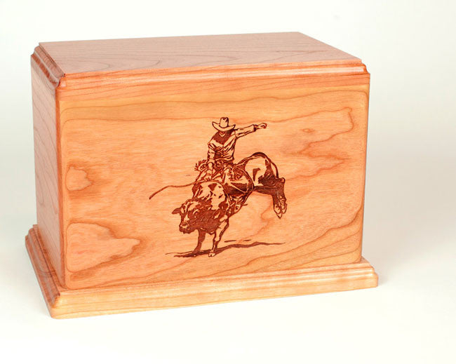 Laser Carved Wood Cremation Urn - Rodeo Bull Rider (Made in USA)