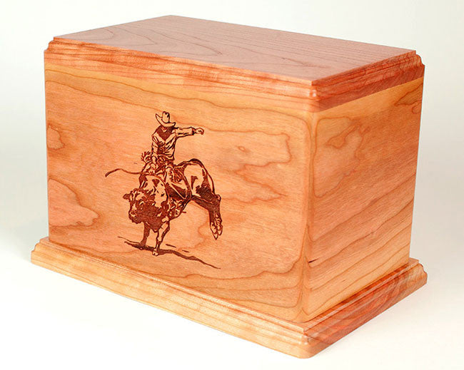 Laser Carved Wood Cremation Urn - Rodeo Bull Rider (Made in USA)