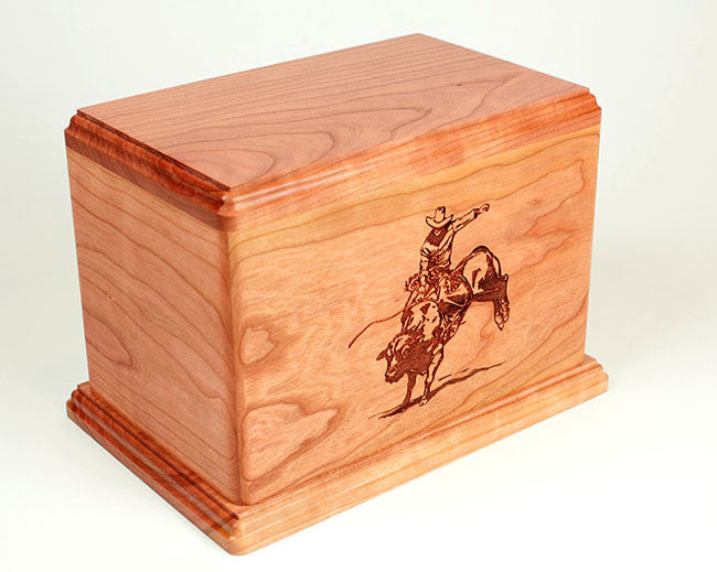 Laser Carved Wood Cremation Urn - Rodeo Bull Rider (Made in USA)