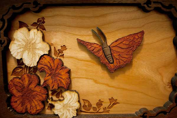 Butterfly scene in Walnut wood