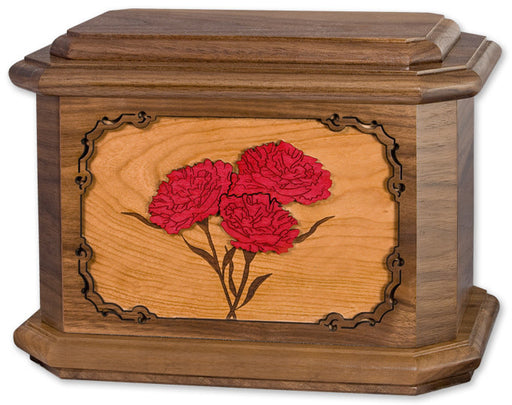 Carnations Flower Cremation Urn in Walnut Wood