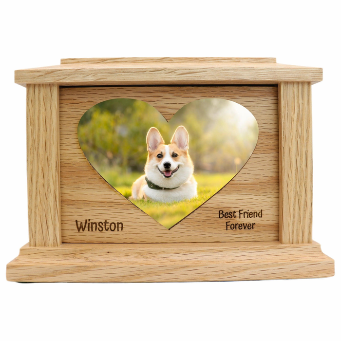 Centered Heart Photo Framed Wooden Pet Urn - oak