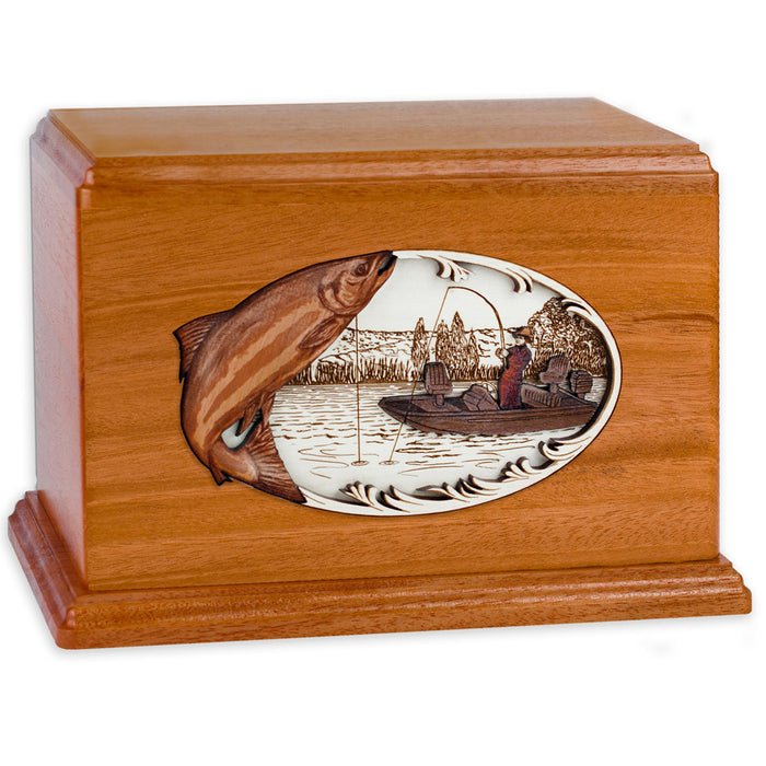 Salmon Boat Fishing Wooden Companion Urn - Mahogany Wood