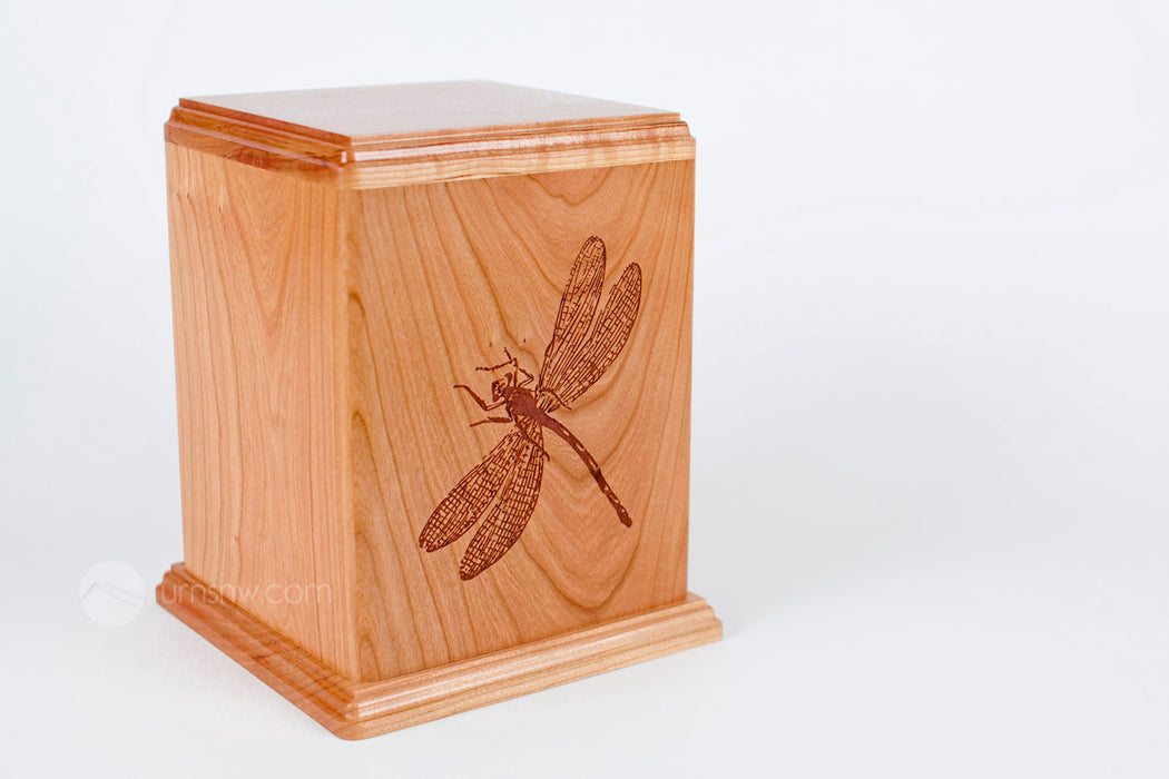 Laser Carved Wood Cremation Urn - Dragonfly (Made in USA)