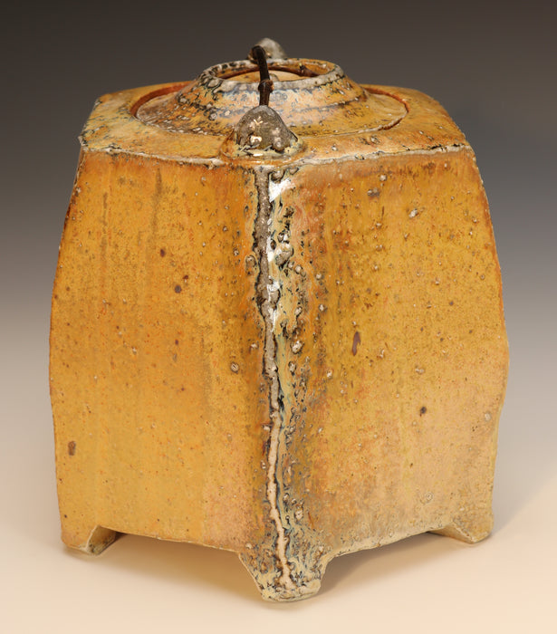 Small Faceted Golden Soda-Fired Ceramic Urn - angle 2