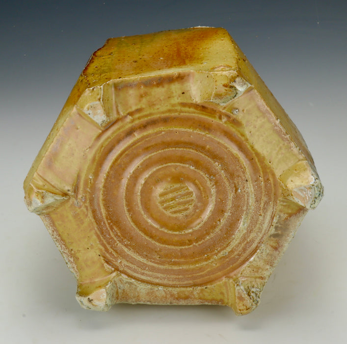 Small Faceted Golden Soda-Fired Ceramic Urn - Bottom