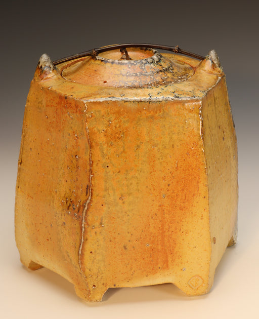 Small Faceted Golden Soda-Fired Ceramic Urn