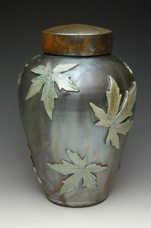 Falling Leaves Maple Raku Urn: Lemon Luster on Heavy Metal