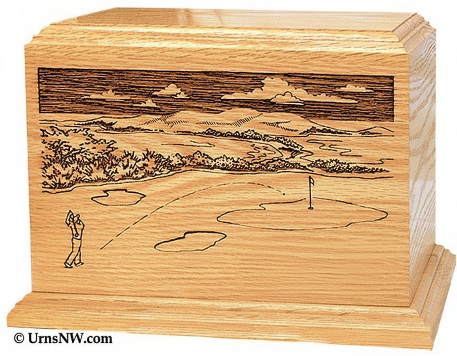Laser Engraved Wooden Keepsake Urn - Golfer Scene
