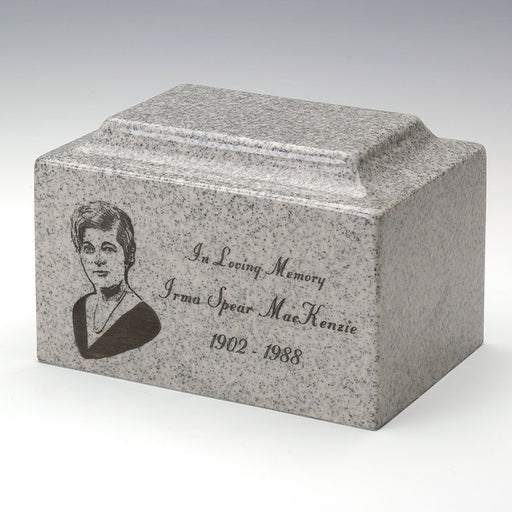 Classic Cultured Granite Urn in Mist Gray with Inscription