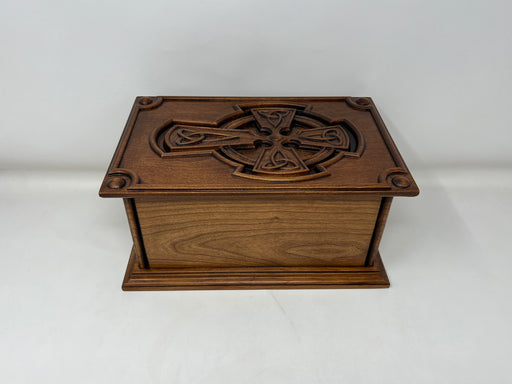 Hand-Carved Cremation Urn with Trinity Knot Celtic Cross - back view