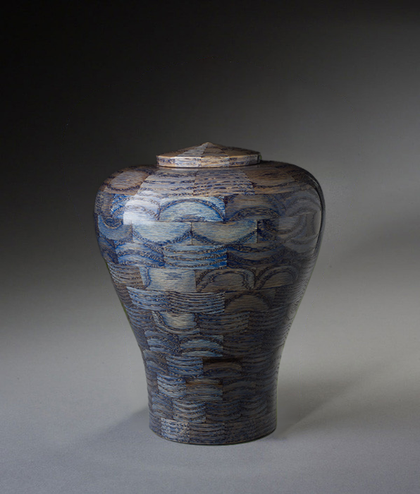 Small Flared Hand Turned Wood Urn - Blue