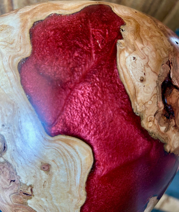 Hand-Turned Cherry Burled Urn with red epoxy fill