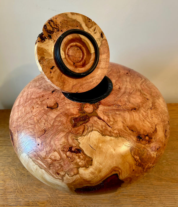 Hand-Turned Cherry Burled Urn 45 with top opening threaded lid
