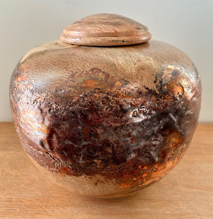 Hand Turned Oak Burled Urn with Copper Leaf Patina 46 angle 3