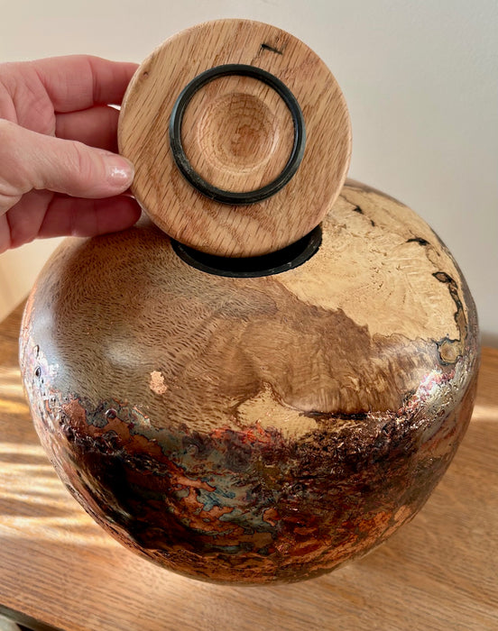 Hand Turned Oak Burled Urn with Copper Leaf Patina 46 with top opening threaded lid