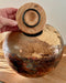 Hand Turned Oak Burled Urn with Copper Leaf Patina 46 with top opening threaded lid