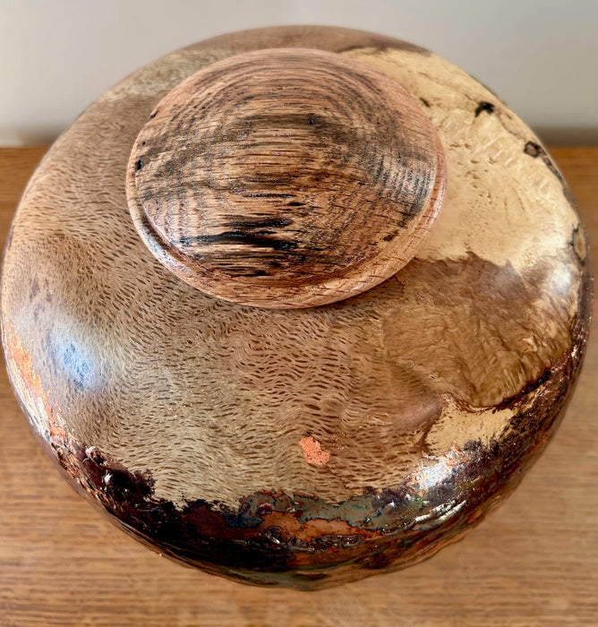 Hand Turned Oak Burled Urn with Copper Leaf Patina 46 top view