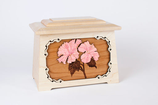 Cherry inlay panel with stained pink hibiscus flowers