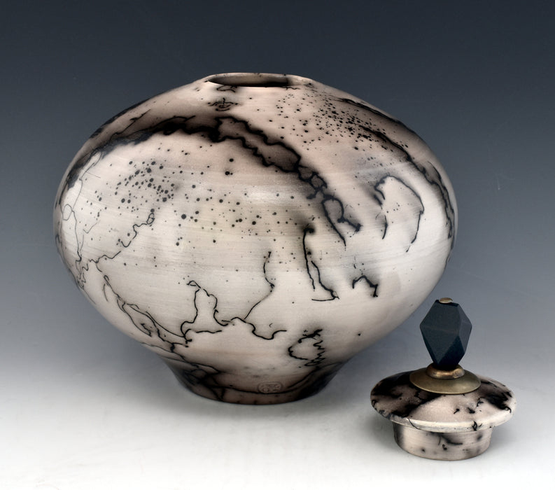 Raku Horsehair Fired Urn 378 - Top opening lid