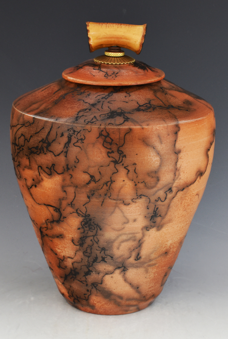 Raku Horsehair and Feather Fired Urn 396 - Front 