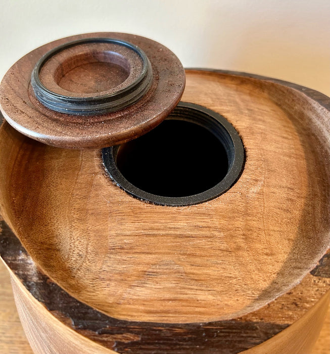 Walnut turned urn top opening threaded lid