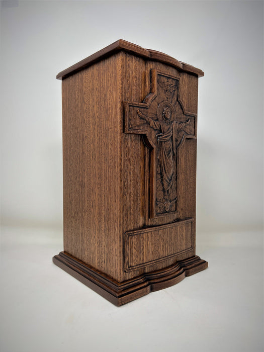 Hand-Carved Jesus Ascension Cross Mahogany Urn engraved text design-left side