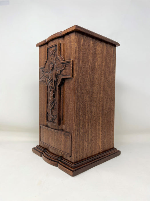 Hand-Carved Jesus Ascension Cross Mahogany Urn engraved text design-right side