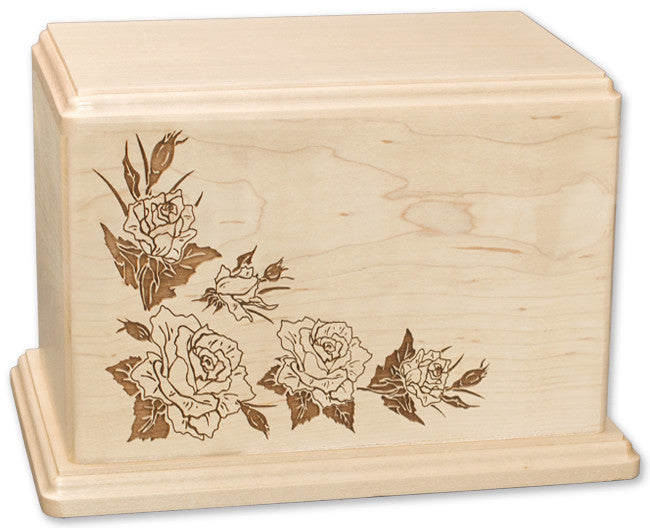 Laser Carved Roses Wood Cremation Urn - Maple