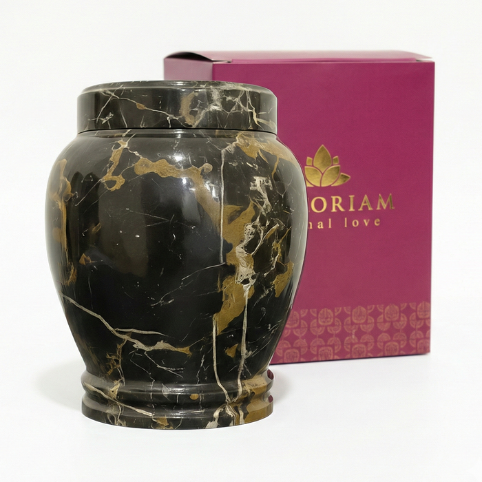 Lux - Black & Gold Marble Urn with package