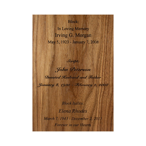 Inscription Fonts Sample - Shown in Walnut Wood
