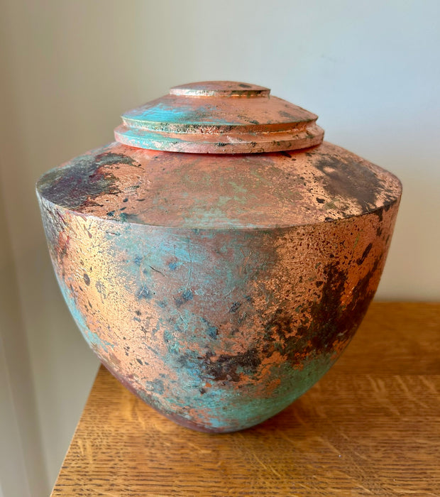 Maple Turned Urn with Patinated Copper Leaf 92