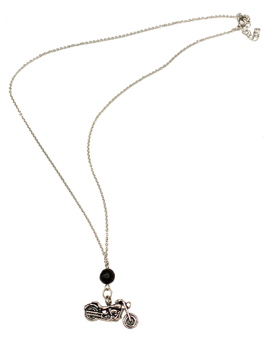 Cremation Necklace with Motorcycle Urn Pendant and Lava Rock Essential Oil Diffuser Bead