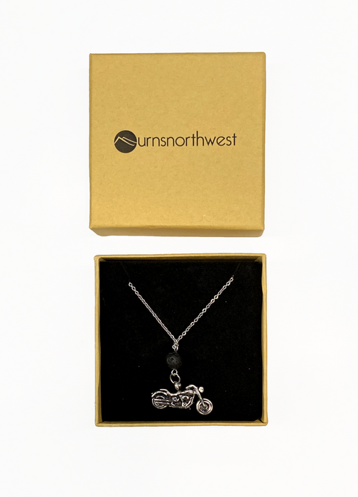 Cremation Necklace with Motorcycle Urn Pendant and Lava Rock Essential Oil Diffuser Bead