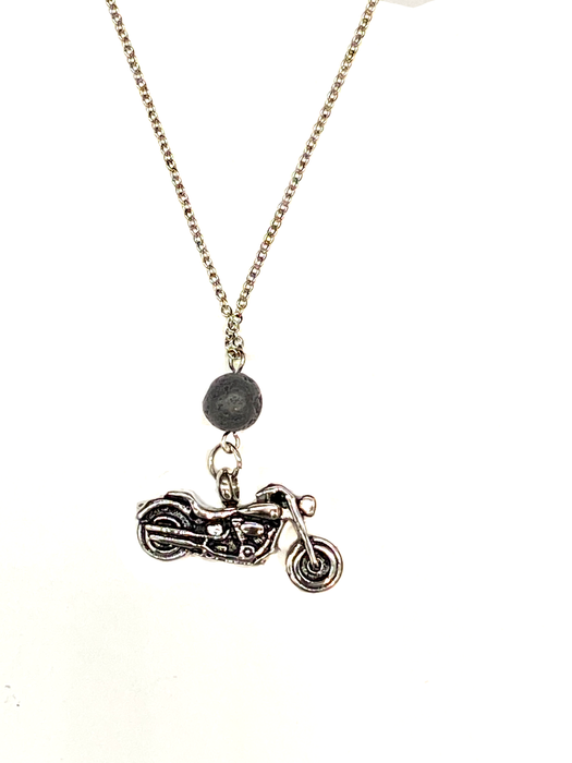 Cremation Necklace with Motorcycle Urn Pendant and Lava Rock Essential Oil Diffuser Bead