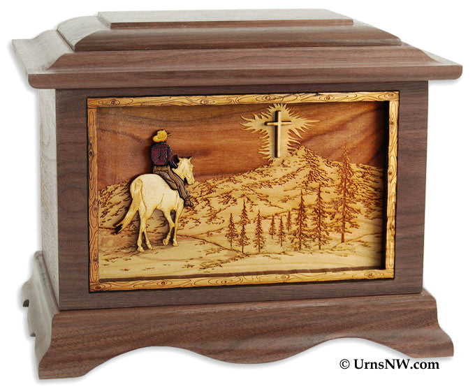 Horse Riding Home Cremation Urn in Walnut Wood (Cross)