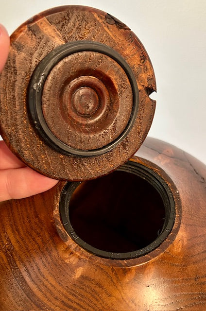 Mulberry Burl Wood Turned Urn 49 - Top opening with treaded lid