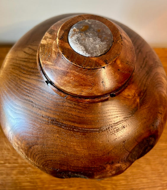 Mulberry Burl Wood Turned Urn 49- lid topped with a moss agate stone