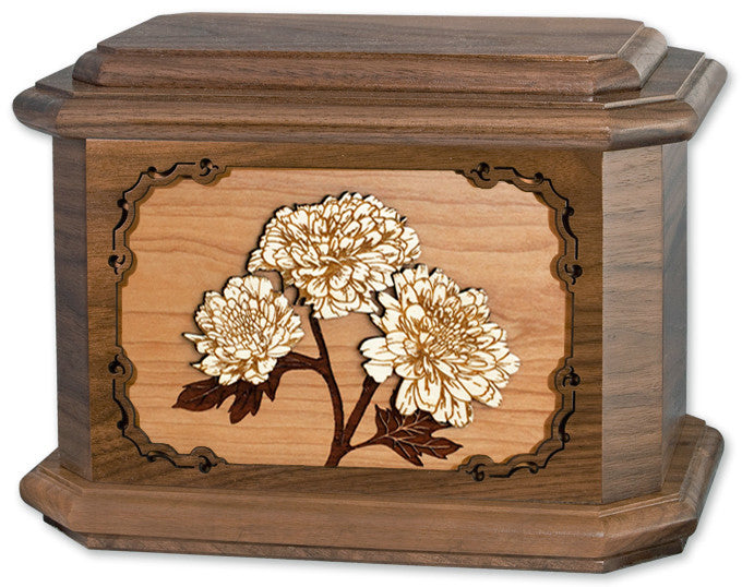 Mums Flower Cremation Urn in Walnut Wood